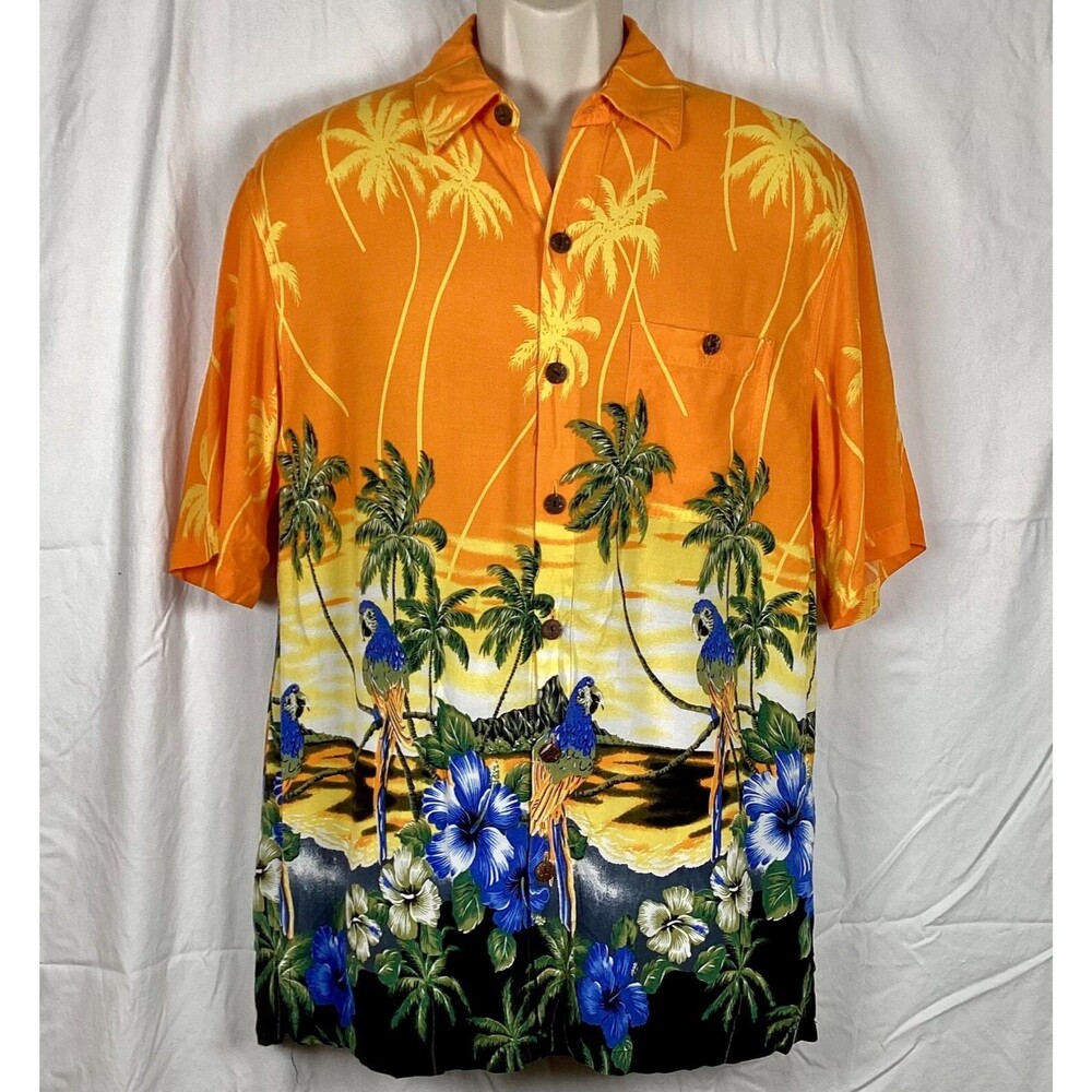 Aloha Hut Hawaian Shirt Size Medium Parrots Hybiscus Diamond Head Sunrise
